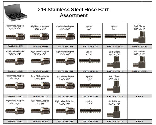 316 Stainless Steel Hose Barb Assortment - 44 Pieces in 24 Hole Large Metal Locking Tray