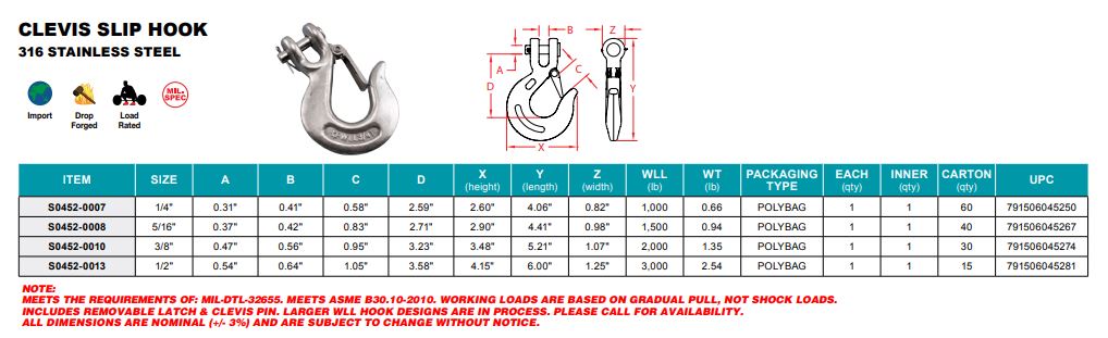 S0452- Stainless Clevis Slip Hook - 316 Stainless Steel - Marine and Industrial Applications - Pick Your Size