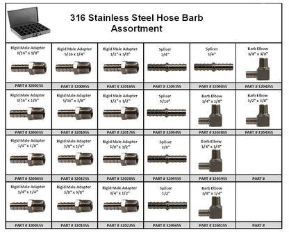 316 Stainless Steel Hose Barb Assortment - 44 Pieces in 24 Hole Large Metal Locking Tray