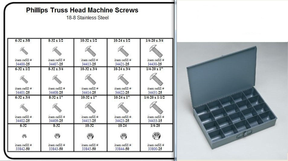 Stainless Phillips Truss Head Machine Screw Assortment in Locking Metal Tray Kit