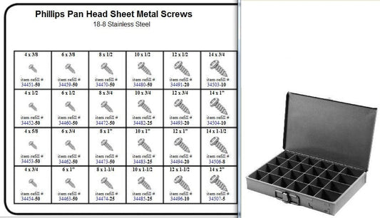 Stainless Phillips Pan Head Sheet Metal Screw Assortment in Metal Locking Tray