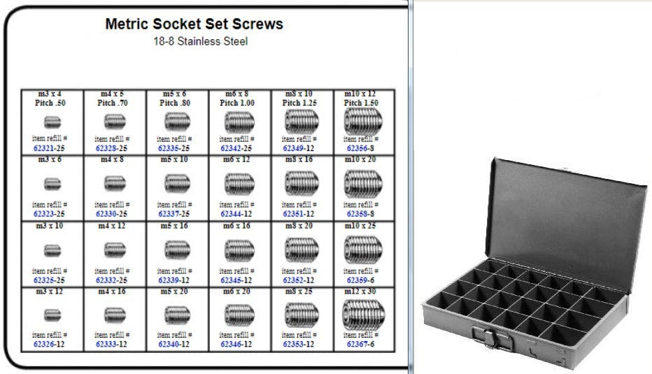 18-8 Stainless Metric Socket Set Screw Assortment in Locking Metal Tray