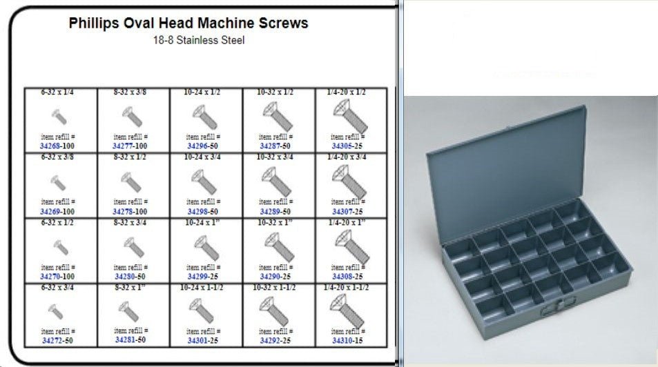 Stainless Phillips Oval Head Machine Screw Assortment in Locking Metal Tray