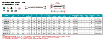 Forged Jaw and Jaw Turnbuckle - 316-NM Stainless Steel - Pick Your Size
