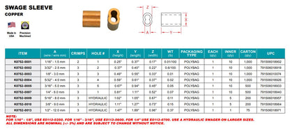 K0752- Swage Sleeve - Copper - Ideal for Marine and Industrial Wire Rope Assembly Applications