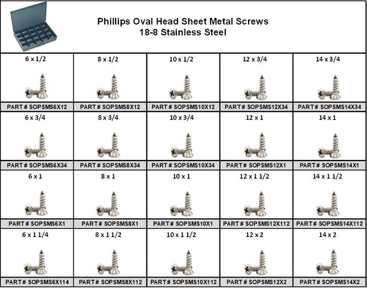 Stainless Phillips Oval Head Sheet Metal Screw Assortment in 20 Hole Locking Metal Tray Kit - 18-8 SS