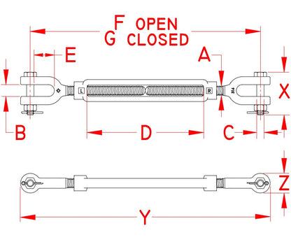 Forged Jaw and Jaw Turnbuckle - 316-NM Stainless Steel - Pick Your Size