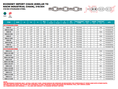 Economy Import Chain - 304 Stainless Steel or 316 Stainless Steel - 10FT Rolls - Pick Your Size