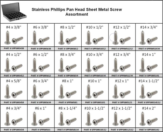 Stainless Phillips Pan Head Sheet Metal Screw Assortment in 24 Hole Metal Locking Tray - 18-8 SS