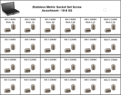 Stainless Metric Socket Set Screw Assortment in 24 Hole Locking Metal Tray - 18-8 SS