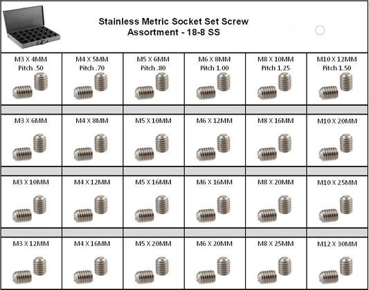 Stainless Metric Socket Set Screw Assortment in 24 Hole Locking Metal Tray - 18-8 SS