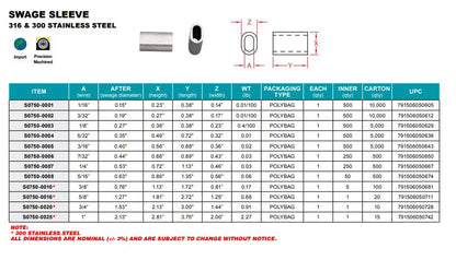 S0750- Swage Sleeve - 316 Stainless Steel - Ideal for Marine and Industrial Wire Rope Assembly Applications