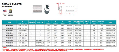 A0751- Swage Sleeve - Aluminum - Ideal for Marine and Industrial Wire Rope Assembly Applications