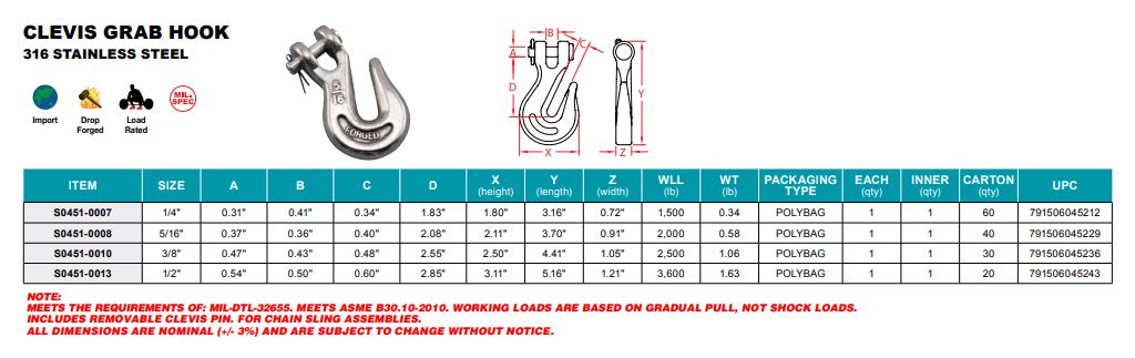 S0451- Stainless Clevis Grab Hook - 316 Stainless Steel - Marine and Industrial Applications - Pick Your Size