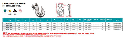 S0451- Stainless Clevis Grab Hook - 316 Stainless Steel - Marine and Industrial Applications - Pick Your Size