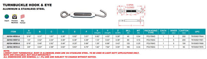 Hook and Eye Turnbuckle - Aluminum and Stainless Steel - Pick Your Size