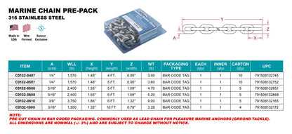 Marine Chain Pre-Pack - 316L Stainless Steel Anchor Chain - USA Mfg - Pick Your Size