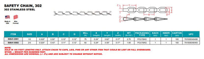 S0641- Safety Chain - 302 Stainless Steel - 100FT Rolls - Pick Your Size