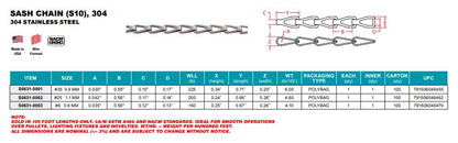 Sash Chain (S10) - 304 Stainless Steel - 100FT Roll - USA Mfg - Pick Your Size
