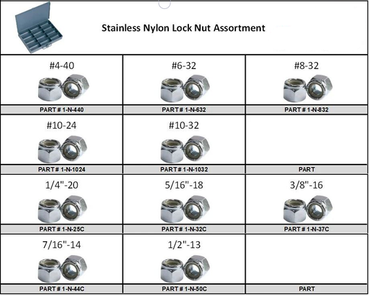 Stainless Nylon Lock Nut Assortment in 12 Hole Metal Locking Tray - 18-8 SS Lock Nuts