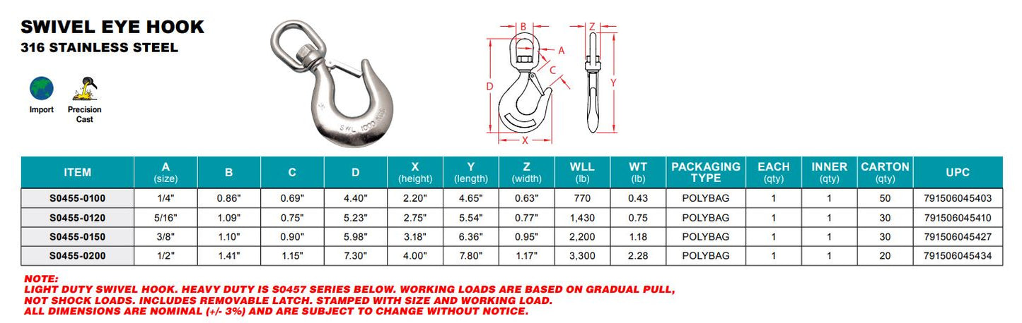 S0455- Stainless Swivel Eye Hook - 316 Stainless Steel - Marine and Industrial Applications - Pick Your Size