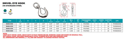 S0455- Stainless Swivel Eye Hook - 316 Stainless Steel - Marine and Industrial Applications - Pick Your Size