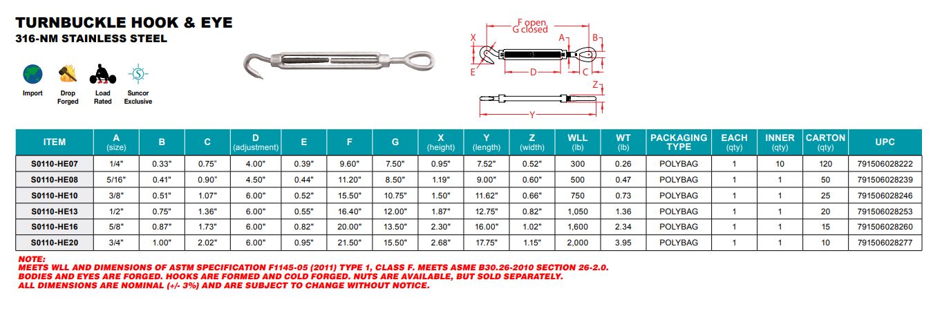 Forged Hook and Eye Turnbuckle - 316-NM Stainless Steel - Pick Your Size
